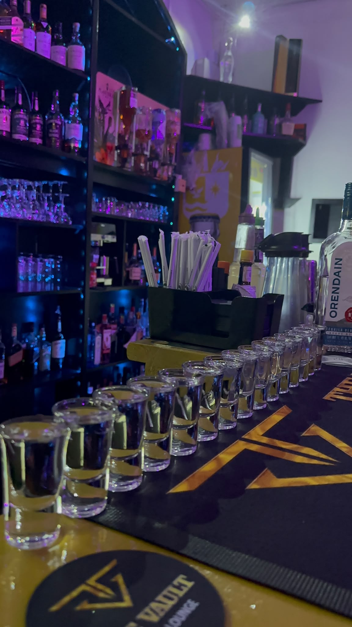 A line of shots prepared at The Vault bar